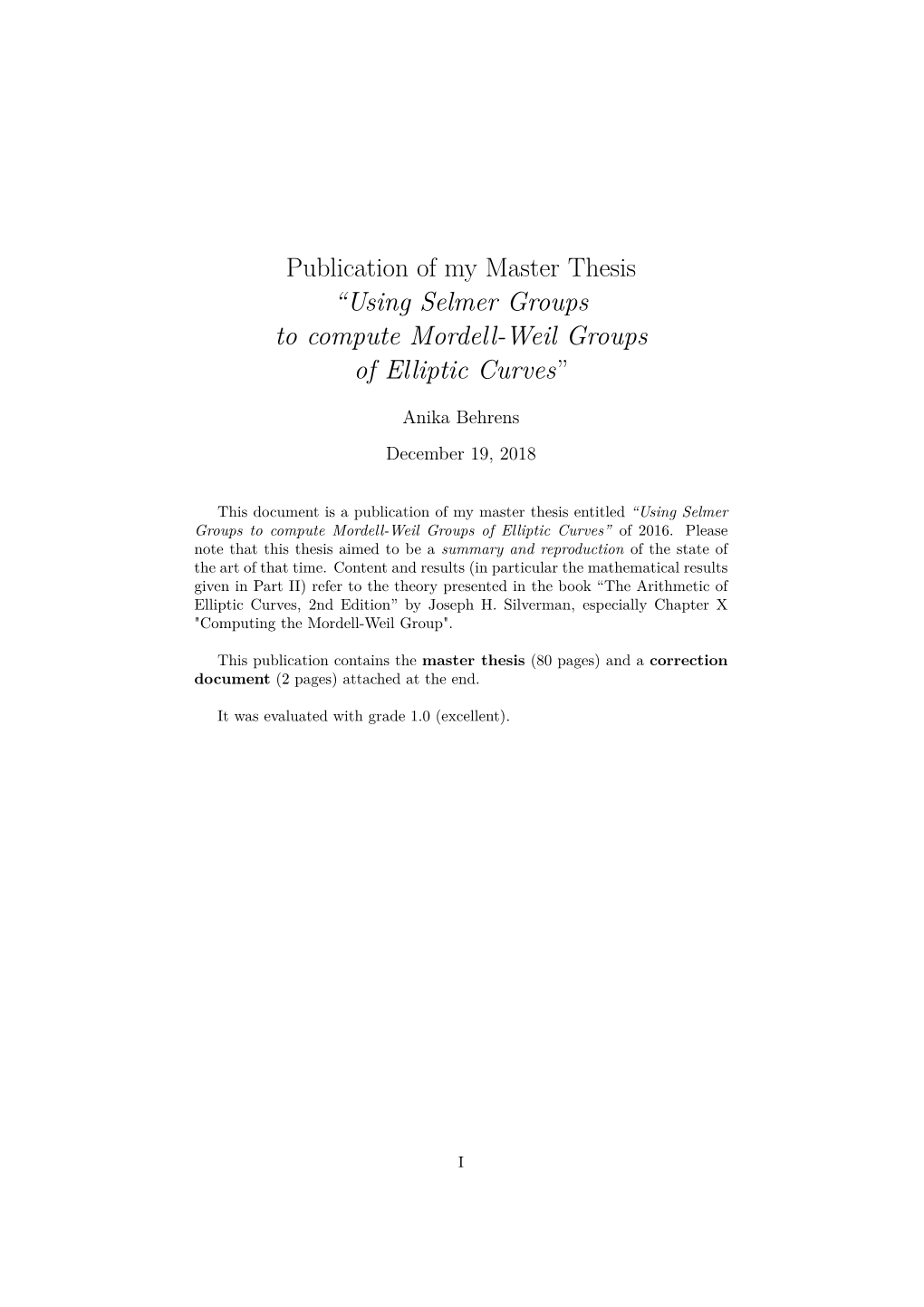 Publication of My Master Thesis “Using Selmer Groups to Compute Mordell-Weil Groups of Elliptic Curves”