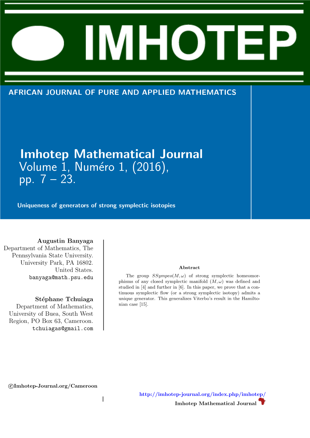 Imhotep Mathematical Journal Volume 1, Numéro 1