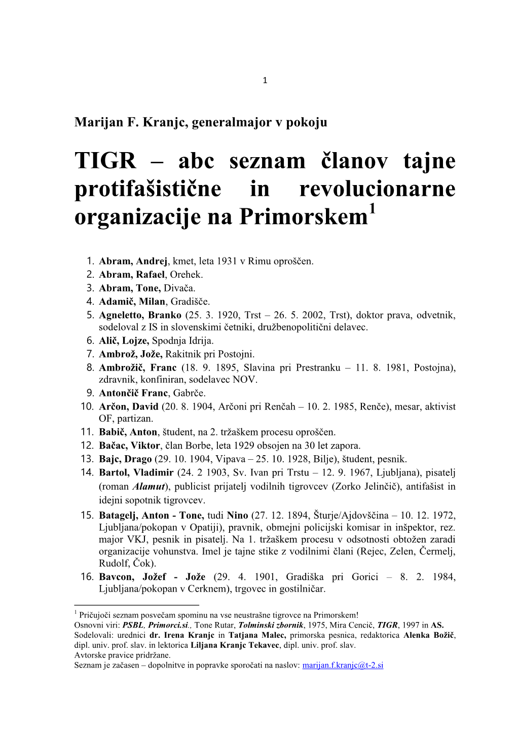 TIGR – Abc Seznam Članov Tajne Protifašistične in Revolucionarne Organizacije Na Primorskem1
