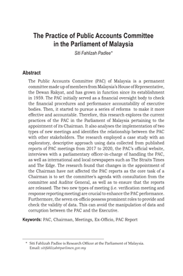The Practice of Public Accounts Committee in the Parliament of Malaysia Siti Fahlizah Padlee*