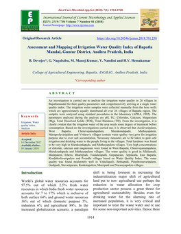 Assessment and Mapping of Irrigation Water Quality Index of Bapatla Mandal, Guntur District, Andhra Pradesh, India