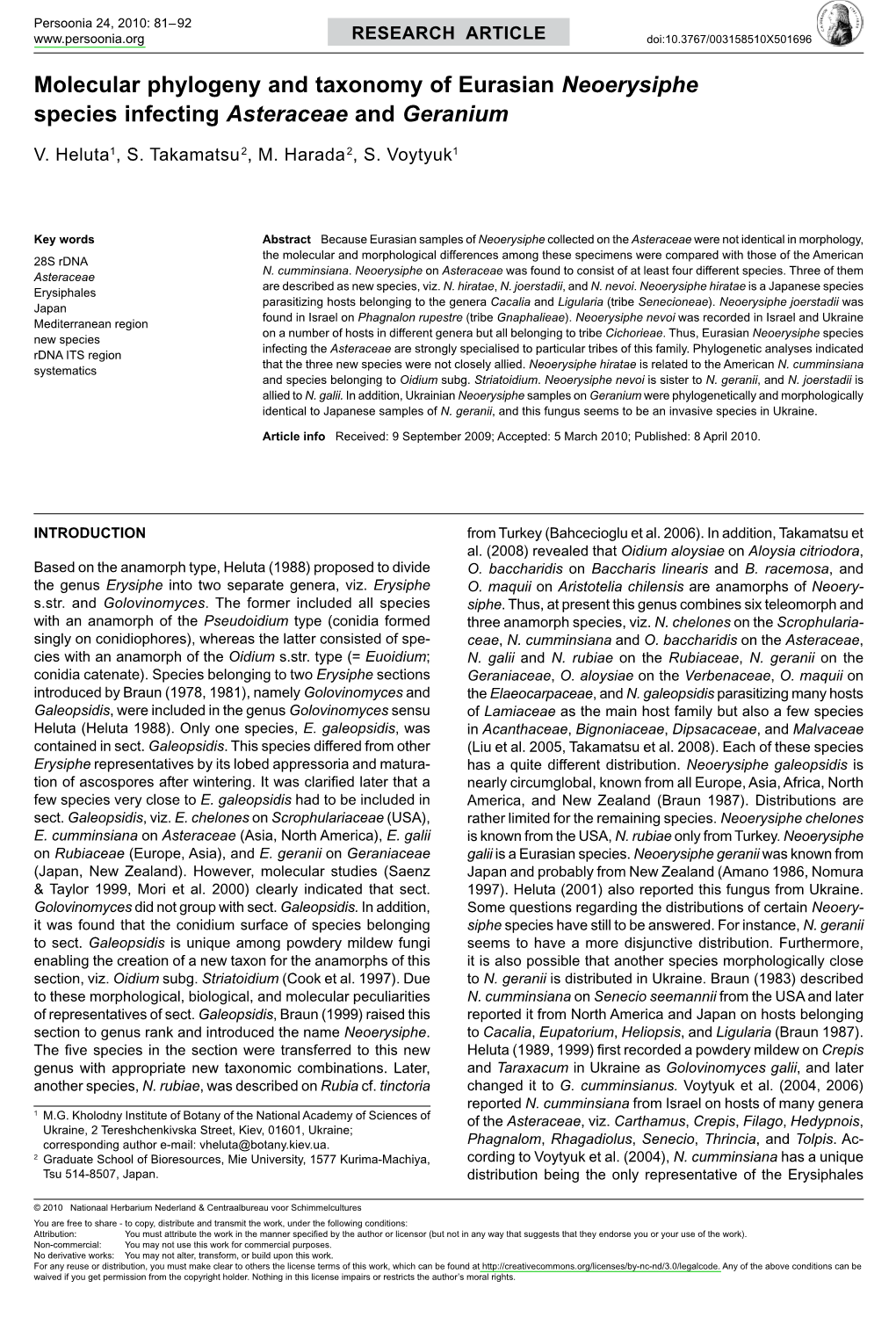 Molecular Phylogeny and Taxonomy of Eurasian <I>Neoerysiphe</I