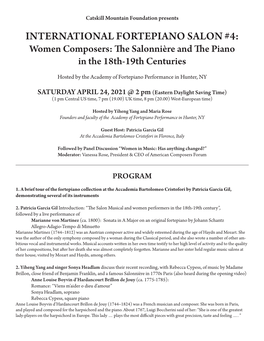 INTERNATIONAL FORTEPIANO SALON #4: Women Composers: the Salonnière and the Piano in the 18Th-19Th Centuries