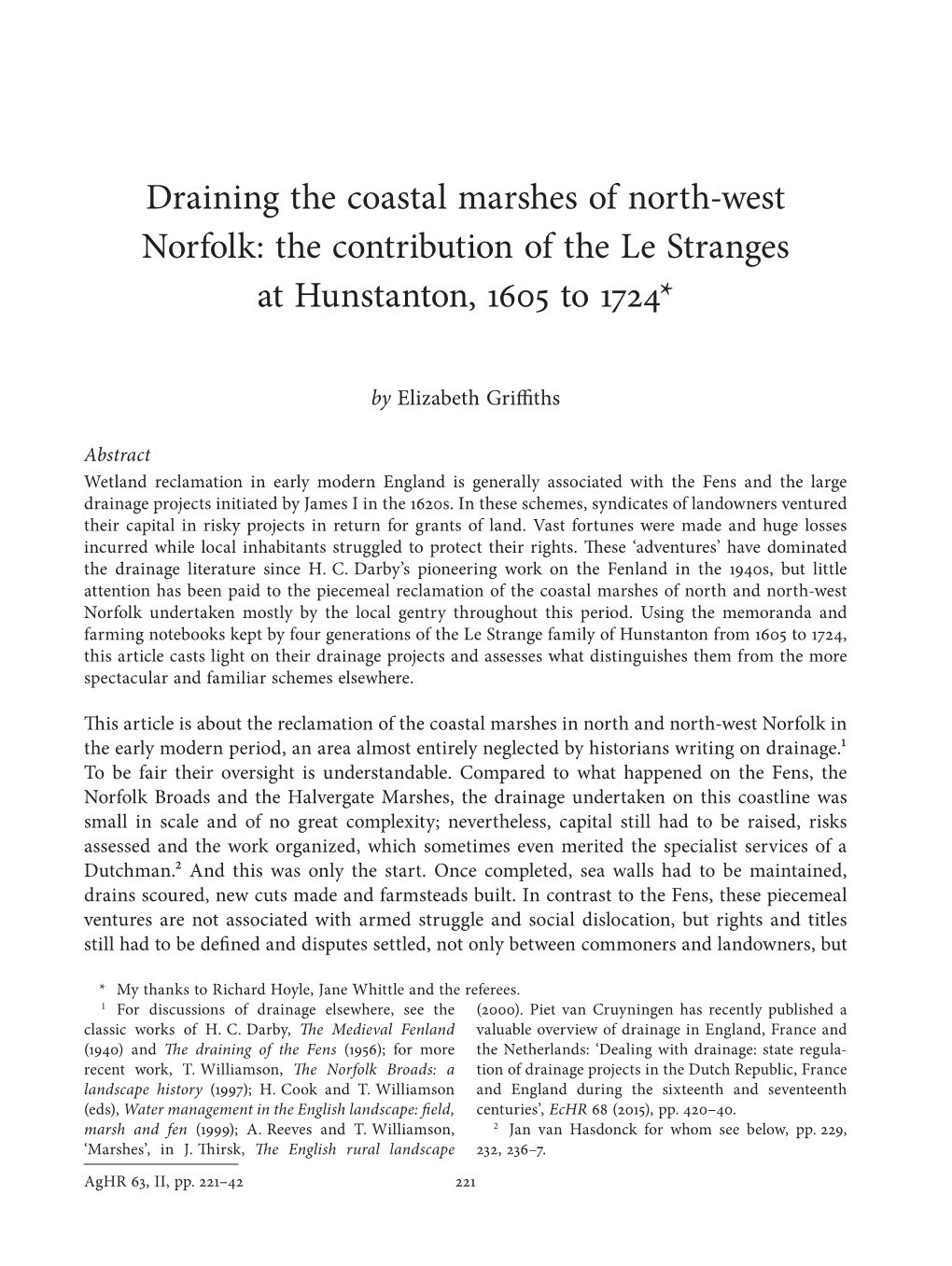 Draining the Coastal Marshes of North-West Norfolk: the Contribution of the Le Stranges at Hunstanton, 1605 to 1724*