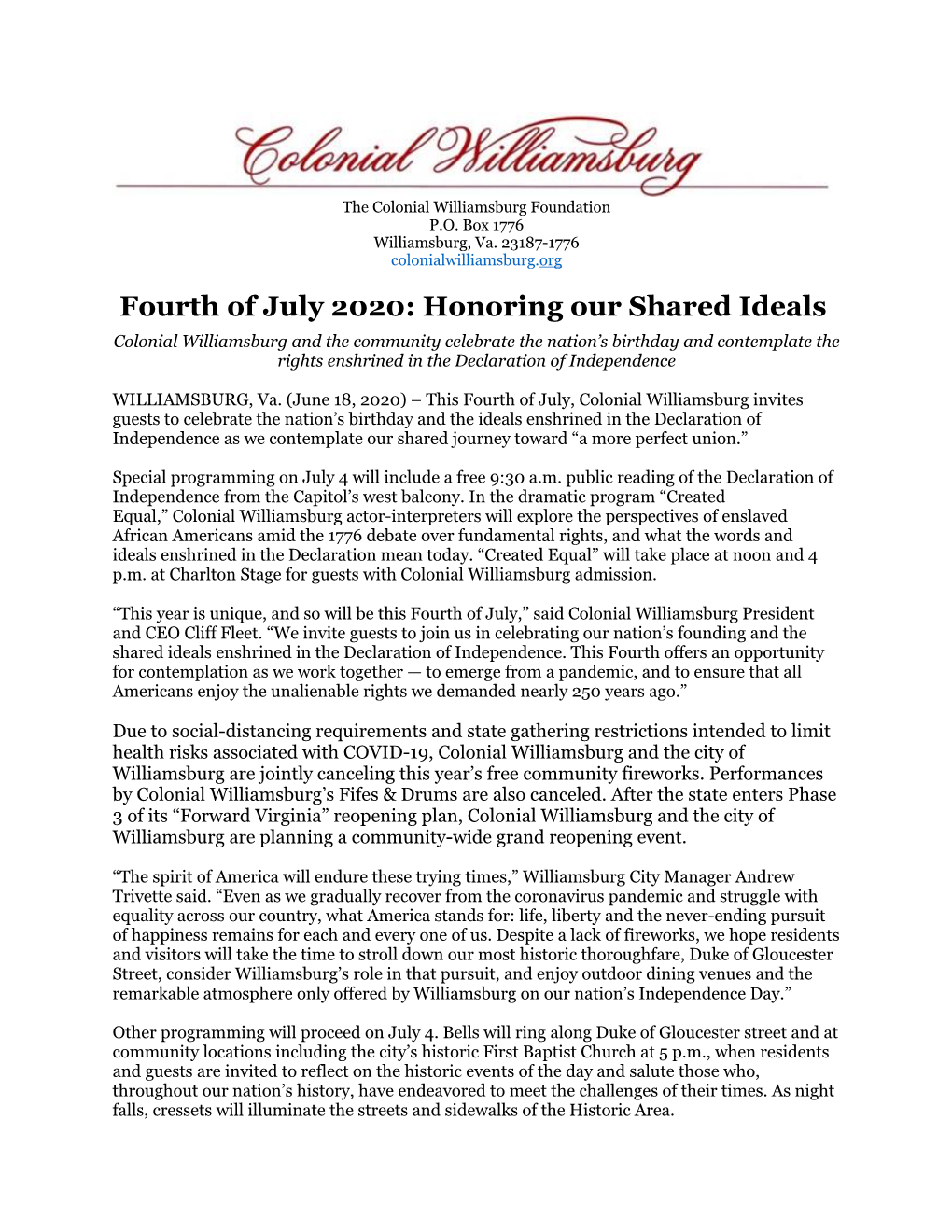 Fourth of July 2020: Honoring Our Shared Ideals