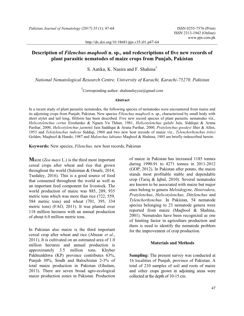 Description of Filenchus Maqbooli N. Sp., and Redescriptions of Five New Records of Plant Parasitic Nematodes of Maize Crops from Punjab, Pakistan