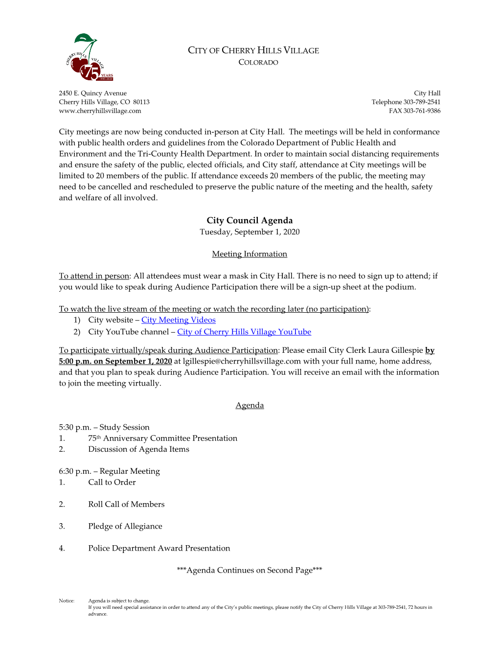 City Council Agenda Tuesday, September 1, 2020