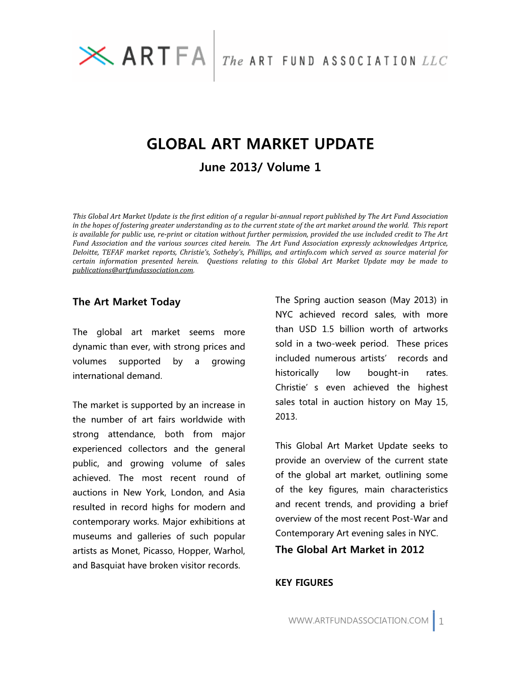 Art Fund Association Global Art Market Update, June 2013 Volume 1