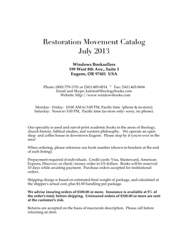 Restoration Movement Catalog July 2013