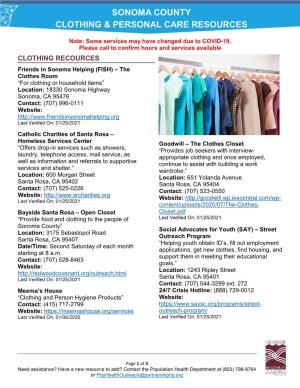 Sonoma County Clothing & Personal Care Resources