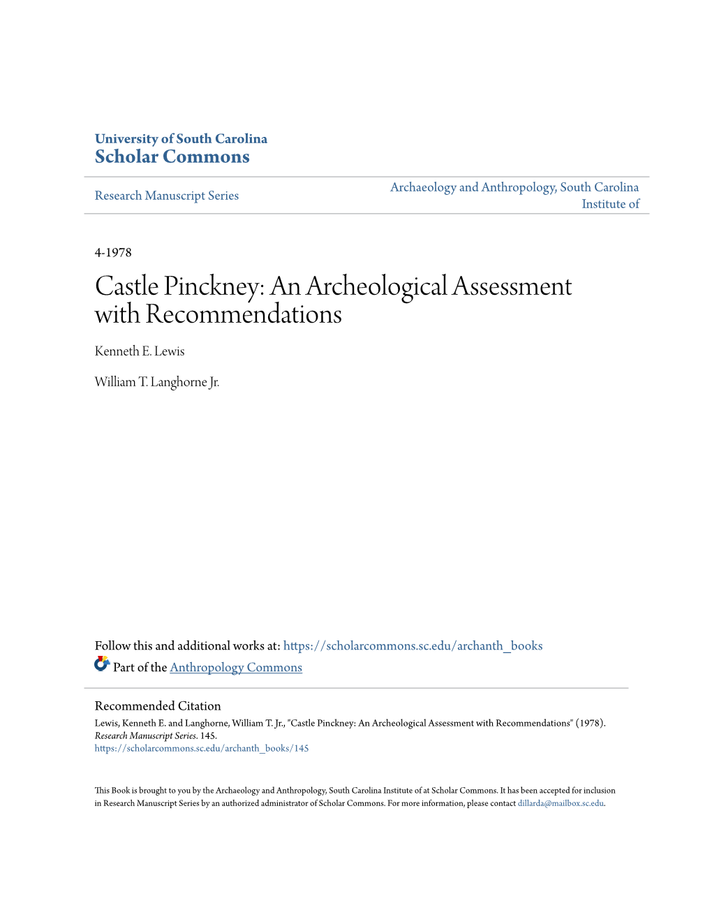 Castle Pinckney: an Archeological Assessment with Recommendations Kenneth E