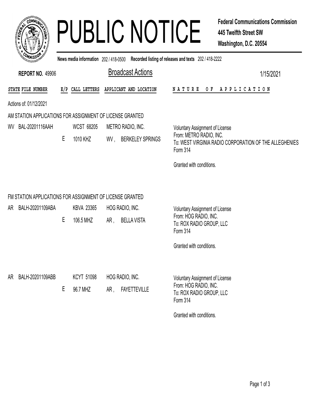 Broadcast Actions 1/15/2021