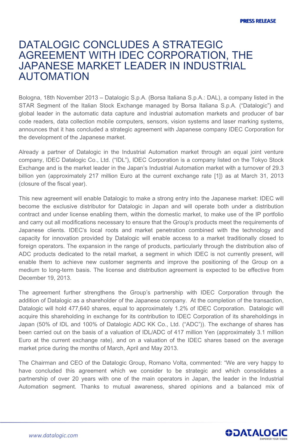 Datalogic Concludes a Strategic Agreement with Idec Corporation, the Japanese Market Leader in Industrial Automation