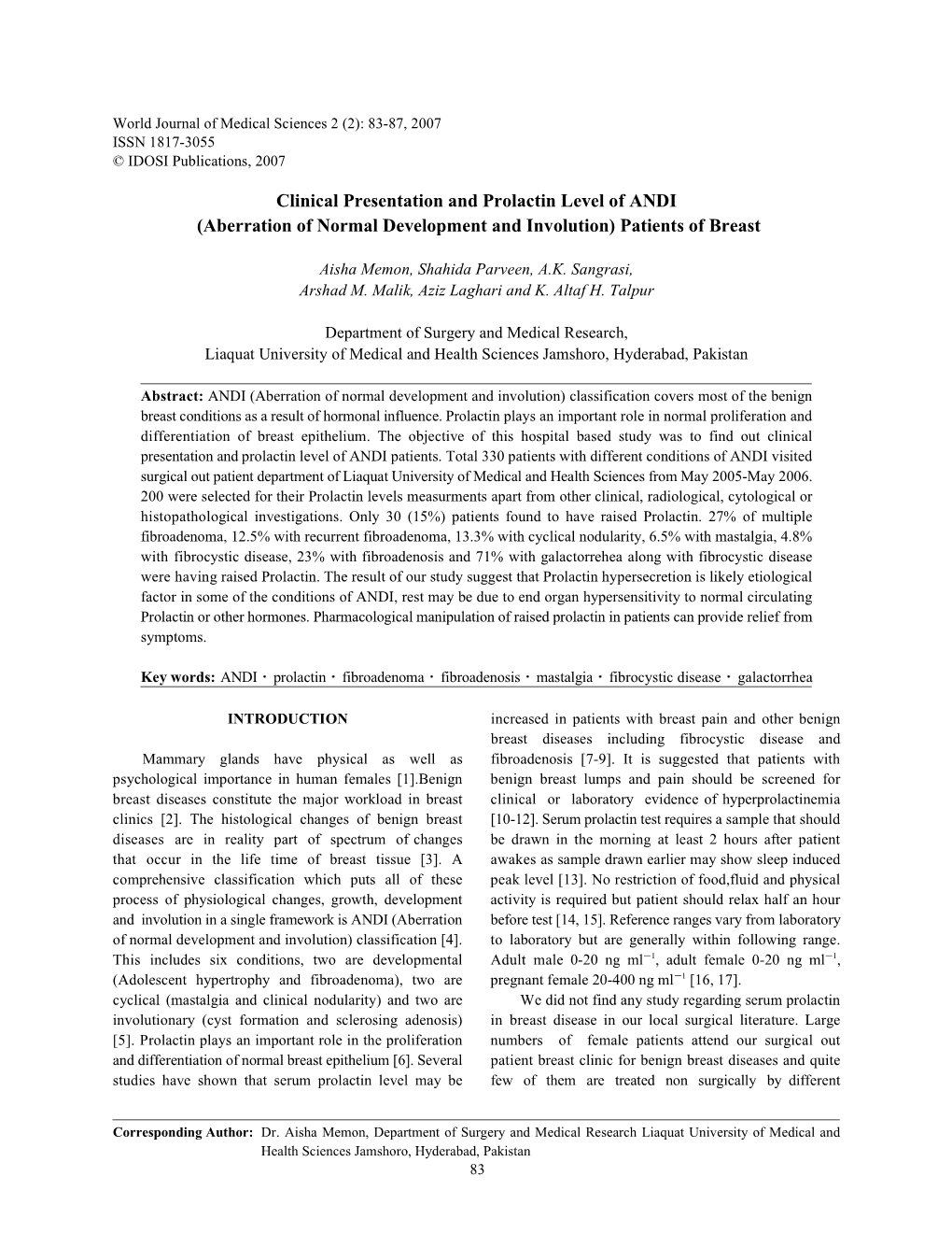 Clinical Presentation and Prolactin Level of ANDI (Aberration of Normal Development and Involution) Patients of Breast