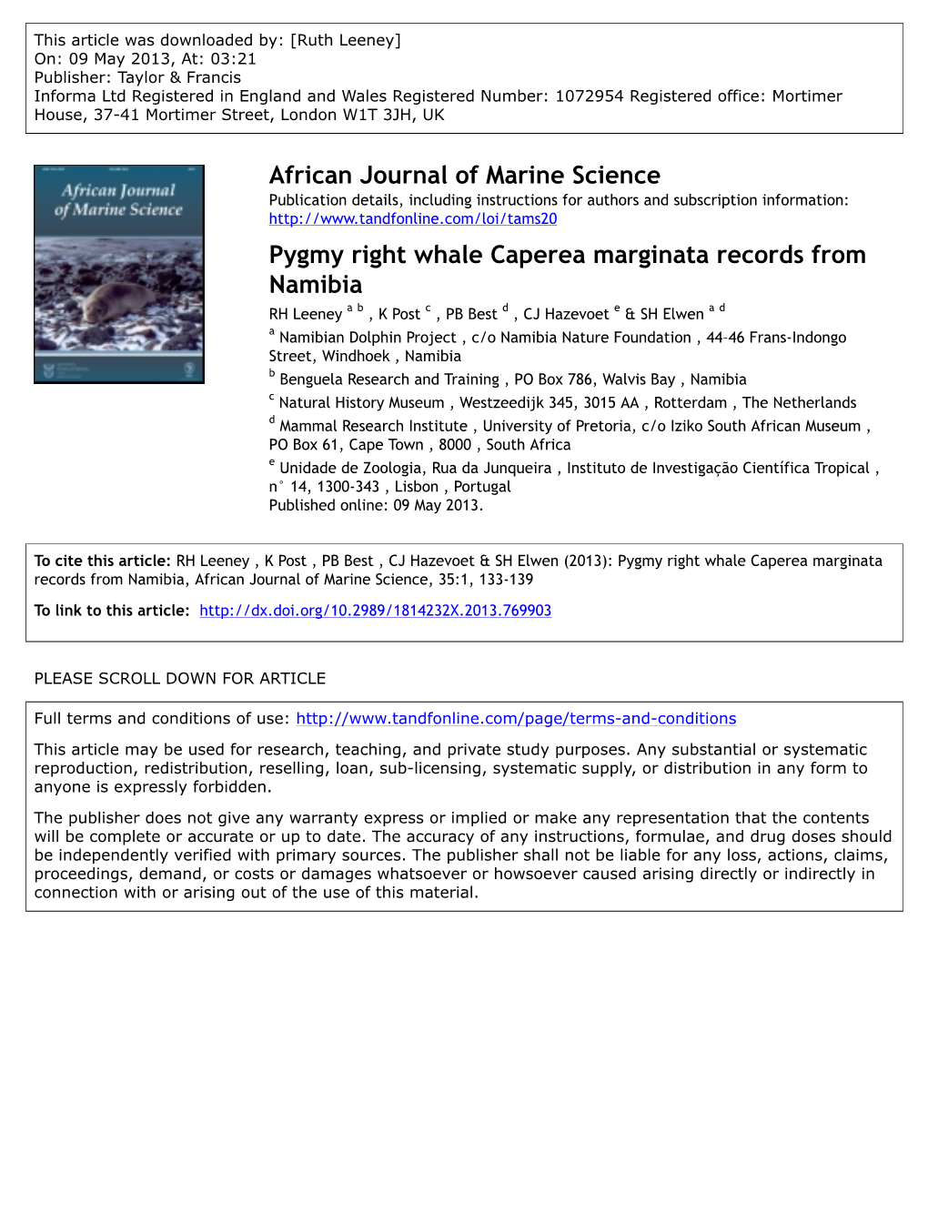 Pygmy Right Whale Caperea Marginata Records from Namibia