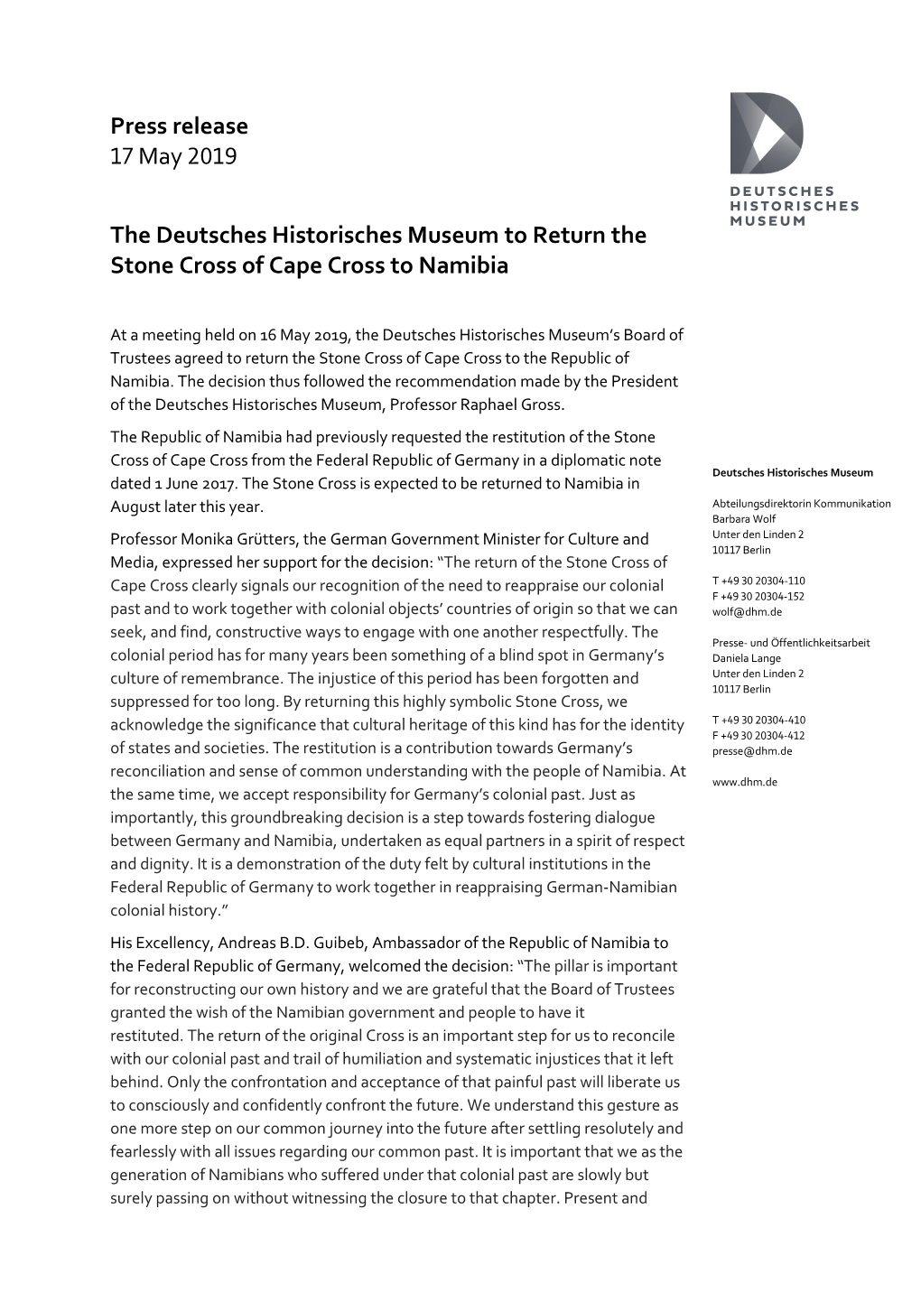 Press Release 17 May 2019 the Deutsches Historisches Museum To