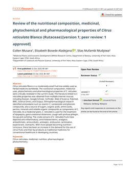 Review of the Nutritional Composition, Medicinal, Phytochemical and Pharmacological Properties of Citrus Reticulata Blanco
