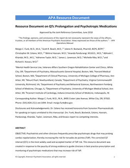 (APA) Resource Document on Qtc Prolongation and Psychotropic