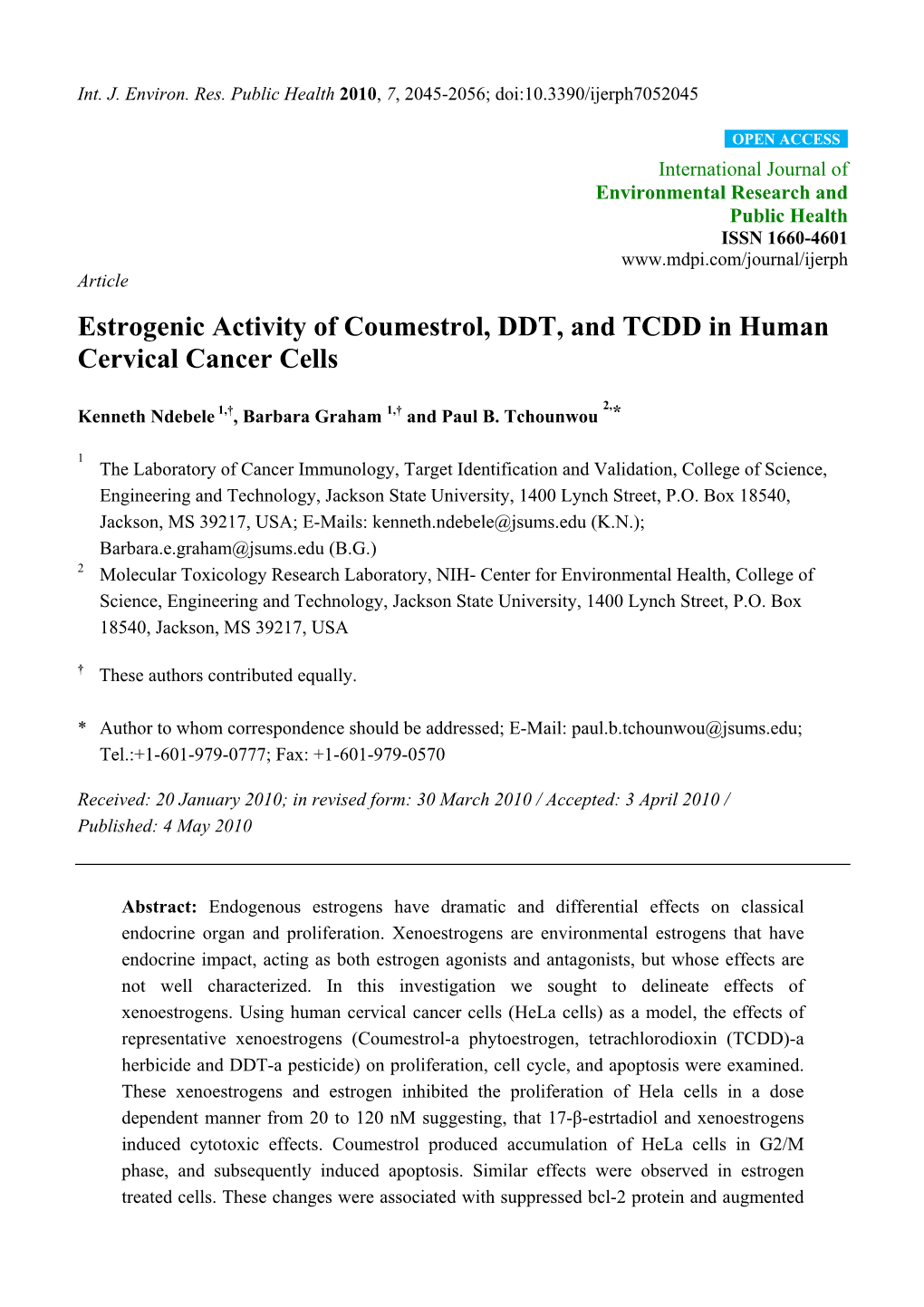 Estrogenic Activity of Coumestrol, DDT, and TCDD in Human Cervical Cancer Cells