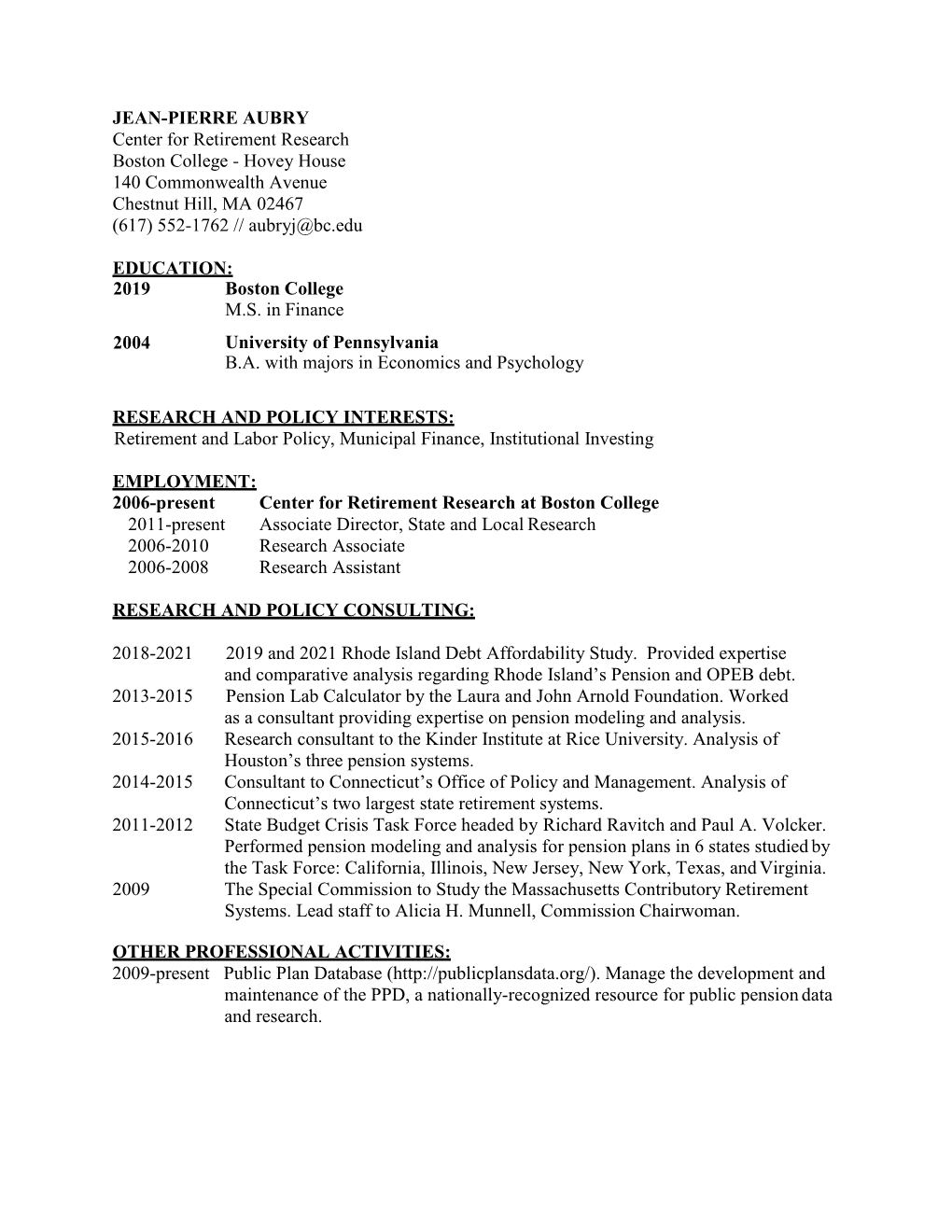 Jean-Pierre Aubry's CV