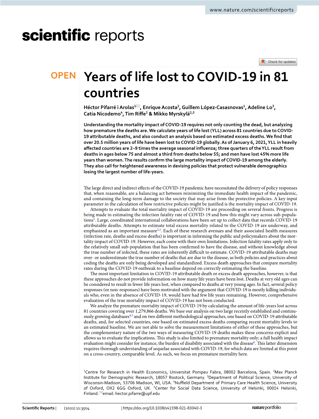 Years of Life Lost to COVID-19 in 81 Countries