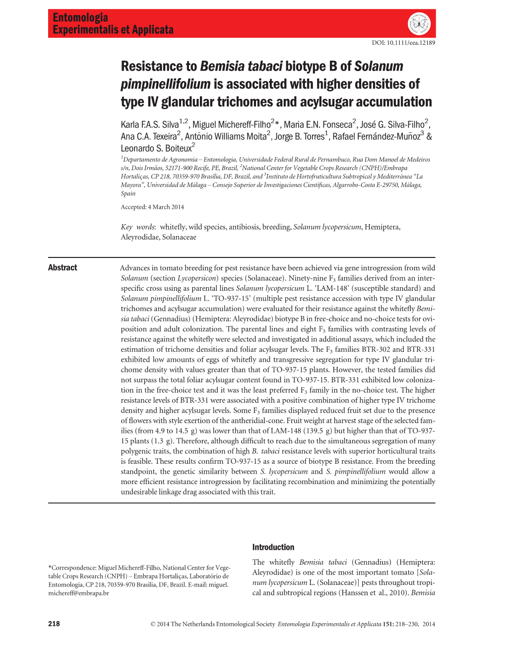 Resistance to Bemisia Tabaci Biotype B of Solanum Pimpinellifolium Is Associated with Higher Densities of Type IV Glandular Trichomes and Acylsugar Accumulation