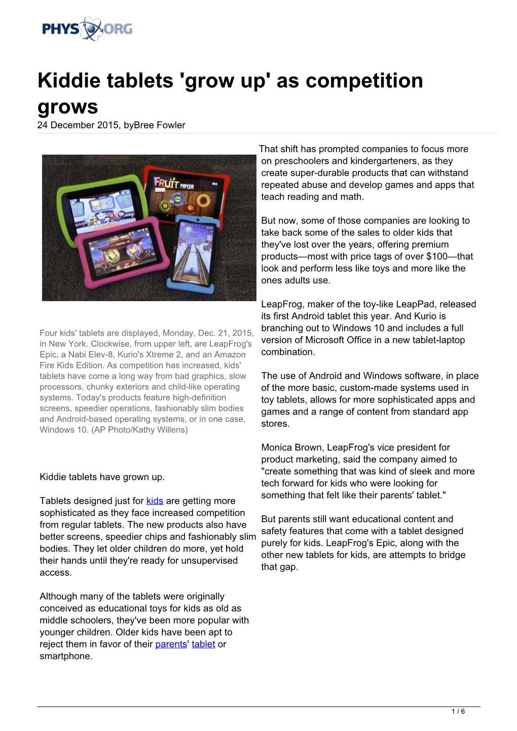 Kiddie Tablets 'Grow Up' As Competition Grows 24 December 2015, Bybree Fowler