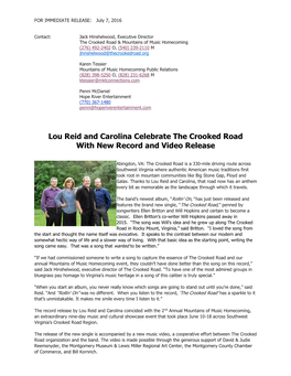 Lou Reid and Carolina Celebrate the Crooked Road with New Record and Video Release