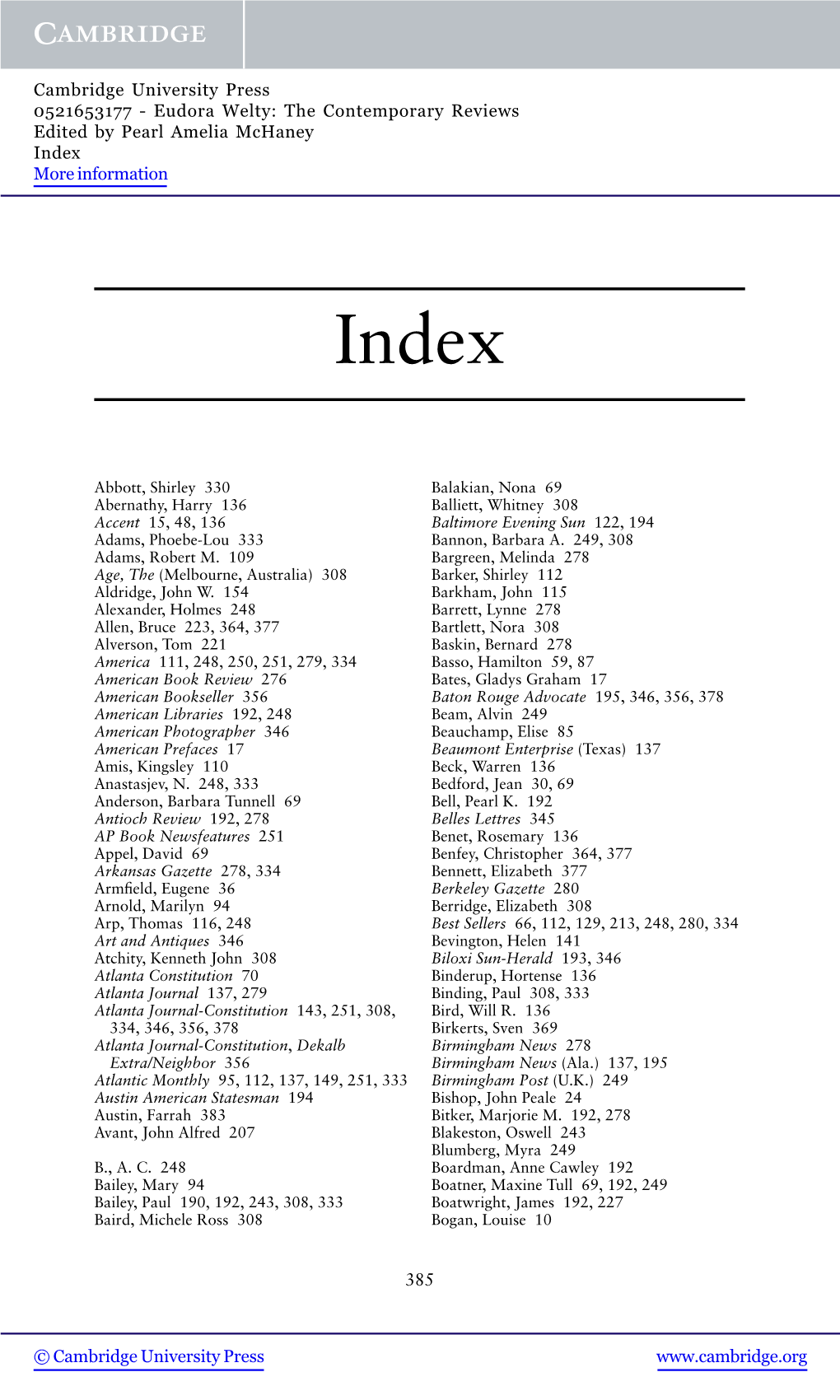 Eudora Welty: the Contemporary Reviews Edited by Pearl Amelia Mchaney Index More Information