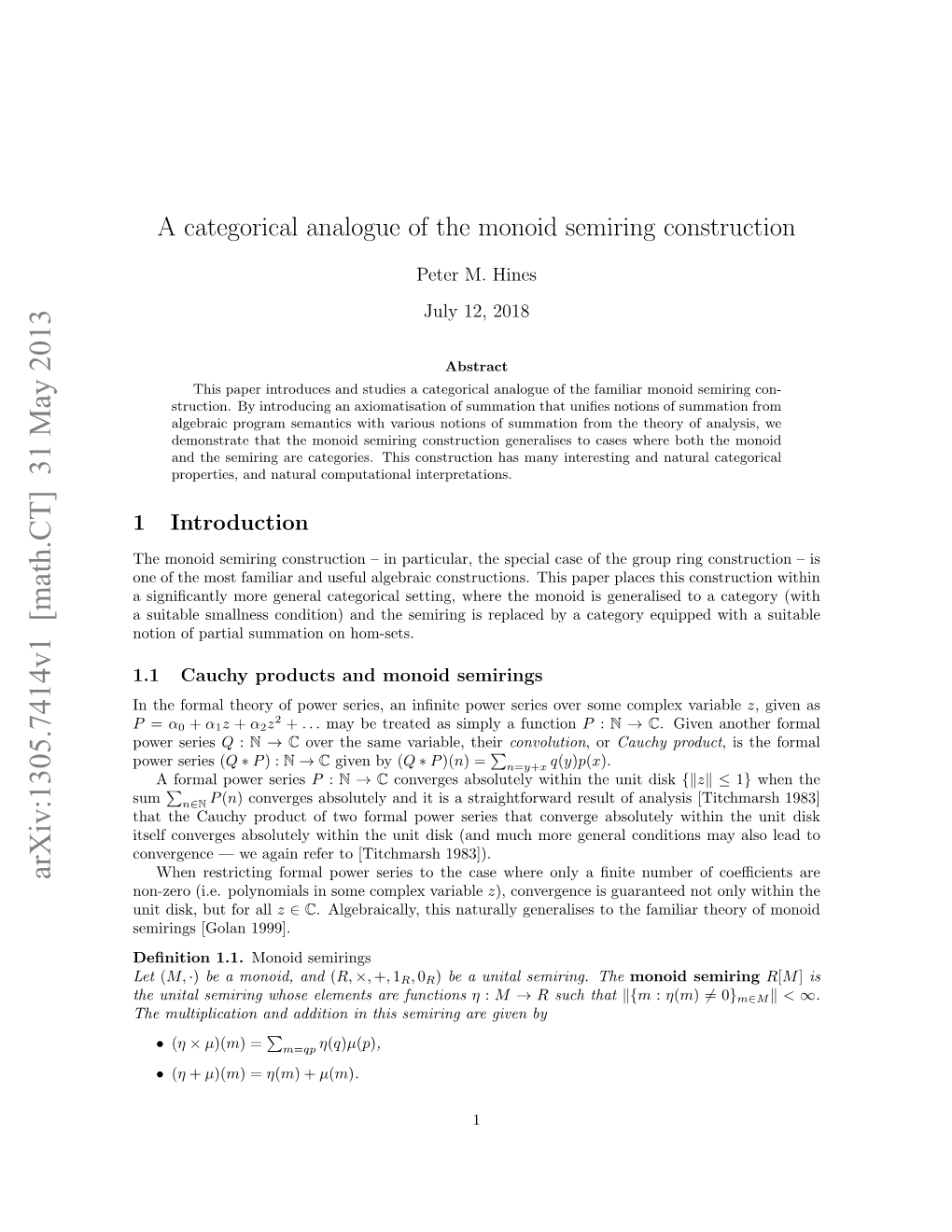 A Categorical Analogue of the Monoid Semiring Construction