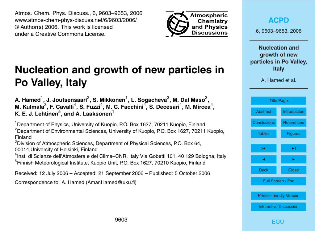 Nucleation and Growth of New Particles in Po Valley, Italy