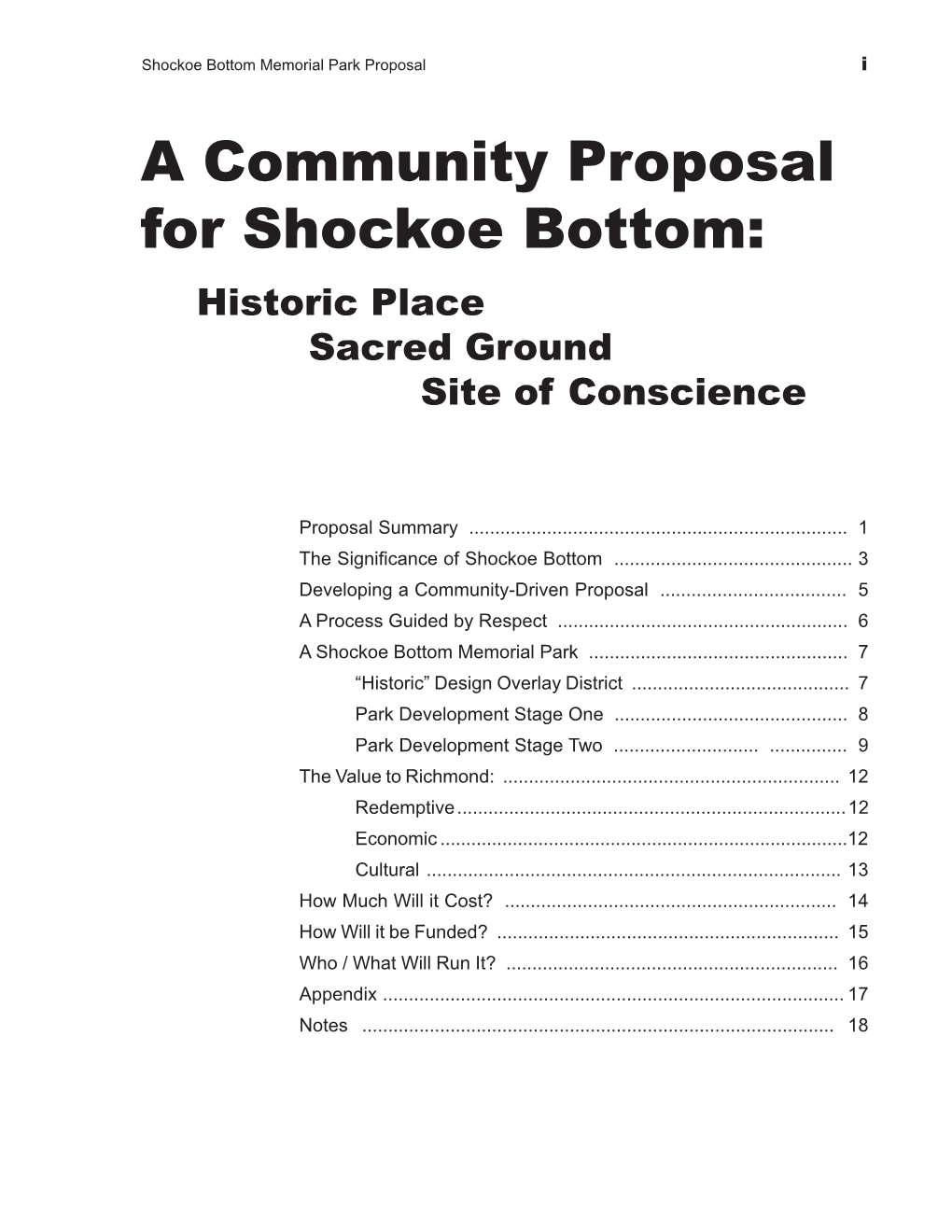 A Community Proposal for Shockoe Bottom: Historic Place Sacred Ground Site of Conscience