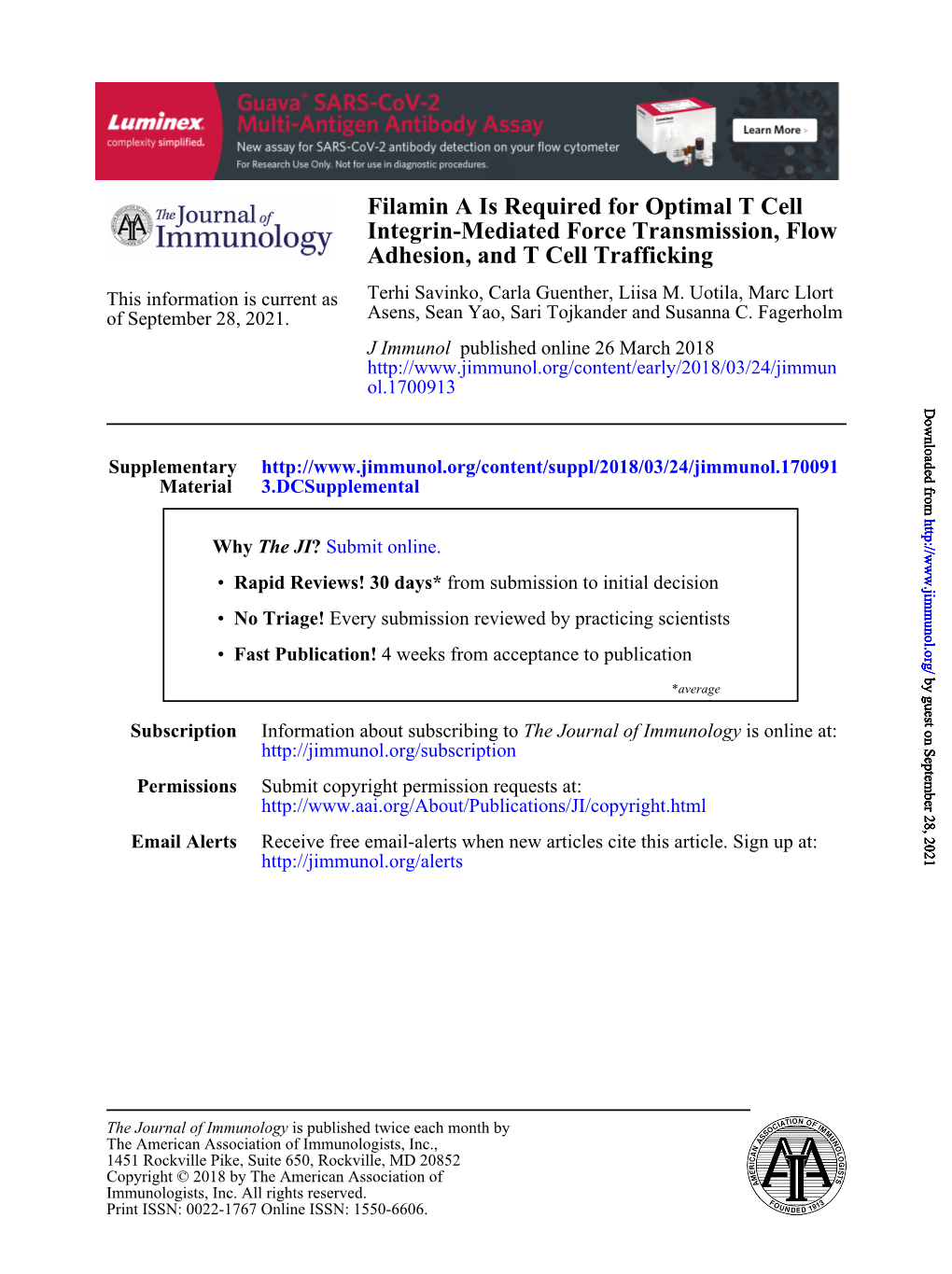 Filamin a Is Required for Optimal T Cell Integrin-Mediated Force Transmission, Flow Adhesion, and T Cell Trafficking