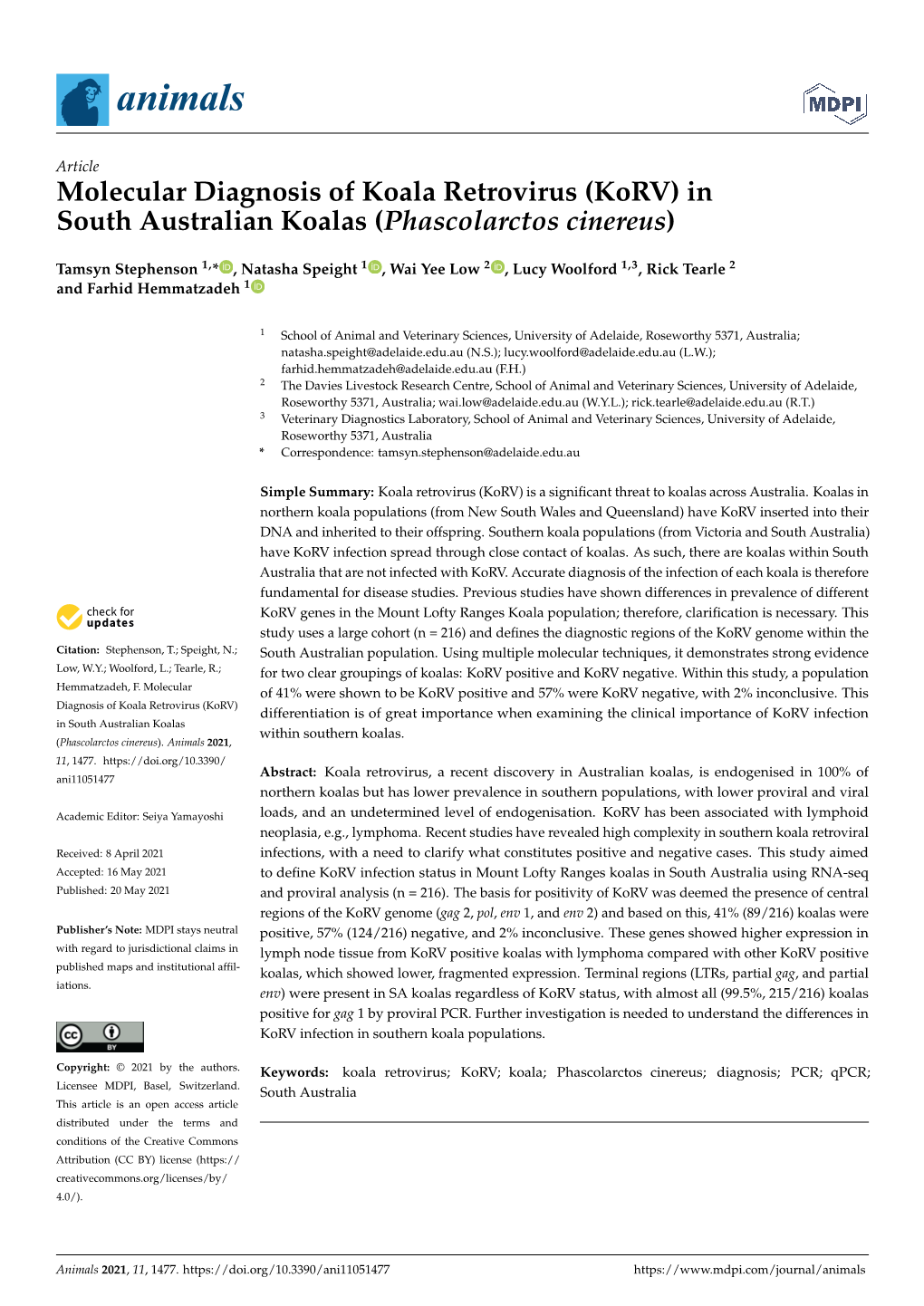 Korv) in South Australian Koalas (Phascolarctos Cinereus)