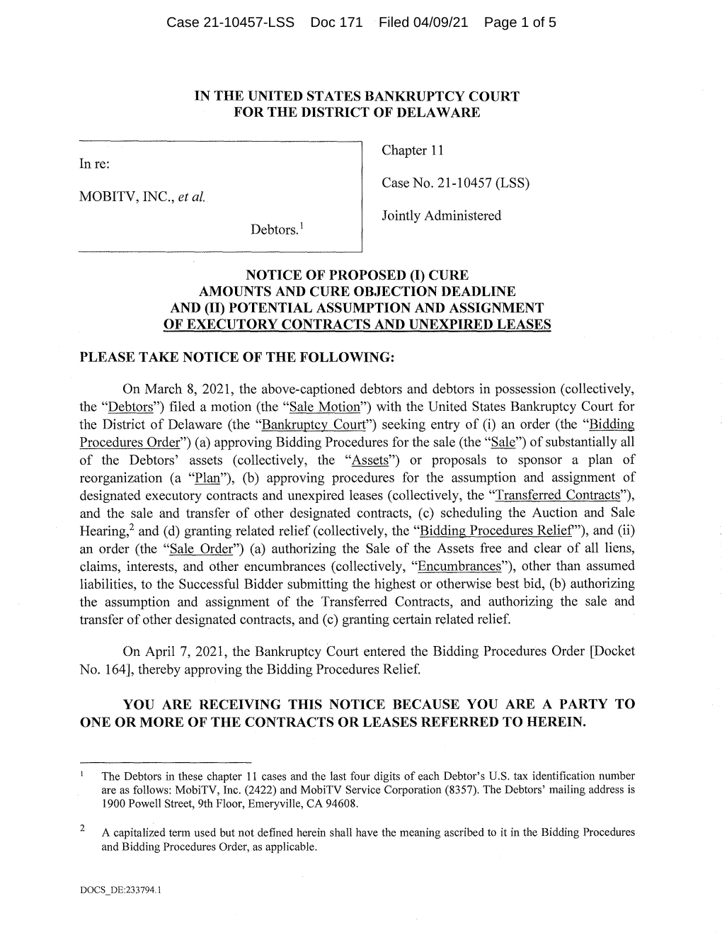 Case 21-10457-LSS Doc 171 Filed 04/09/21 Page 1 of 5