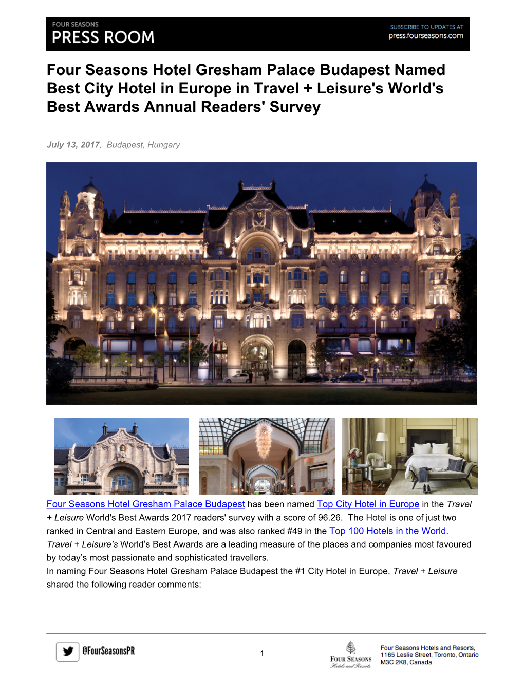 Four Seasons Hotel Gresham Palace Budapest Named Best City Hotel in Europe in Travel + Leisure's World's Best Awards Annual Readers' Survey