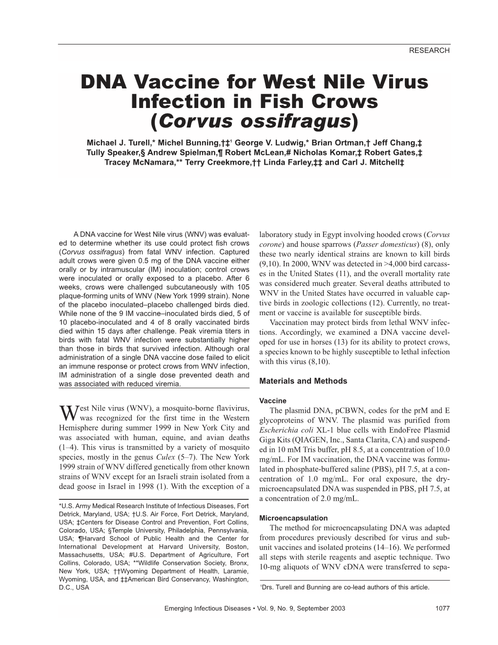 DNA Vaccine for West Nile Virus Infection in Fish Crows (Corvus Ossifragus) Michael J