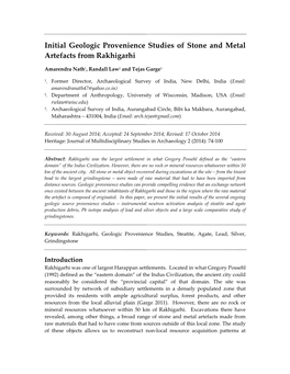 Initial Geologic Provenience Studies of Stone and Metal Artefacts from Rakhigarhi
