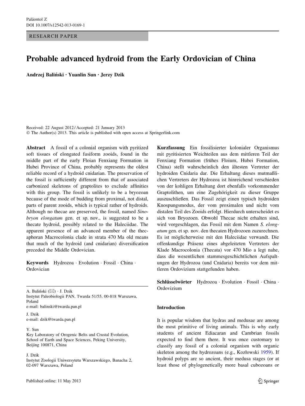 Probable Advanced Hydroid from the Early Ordovician of China