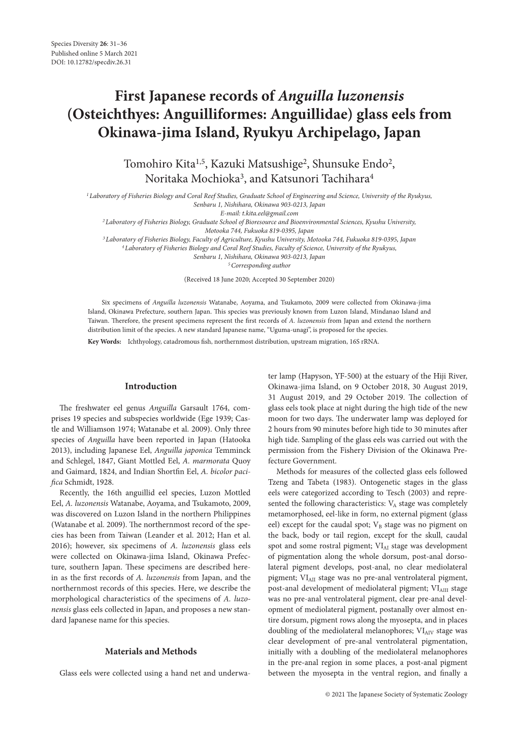 First Japanese Records of Anguilla Luzonensis (Osteichthyes: Anguilliformes: Anguillidae) Glass Eels from Okinawa-Jima Island, Ryukyu Archipelago, Japan