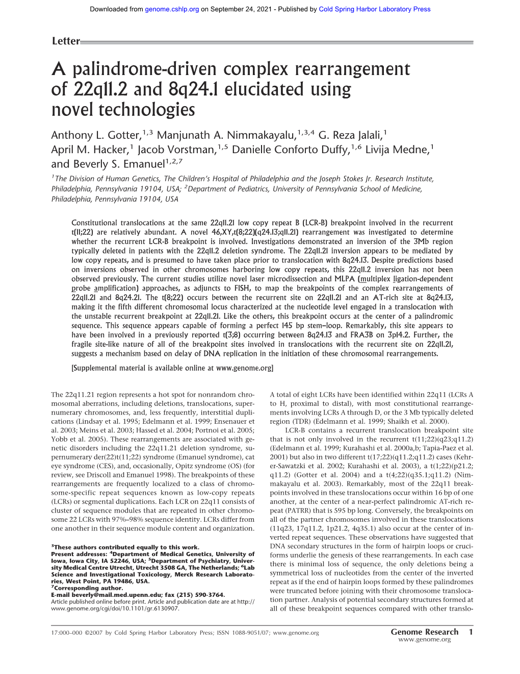 A Palindrome-Driven Complex Rearrangement of 22Q11.2 and 8Q24.1 Elucidated Using Novel Technologies