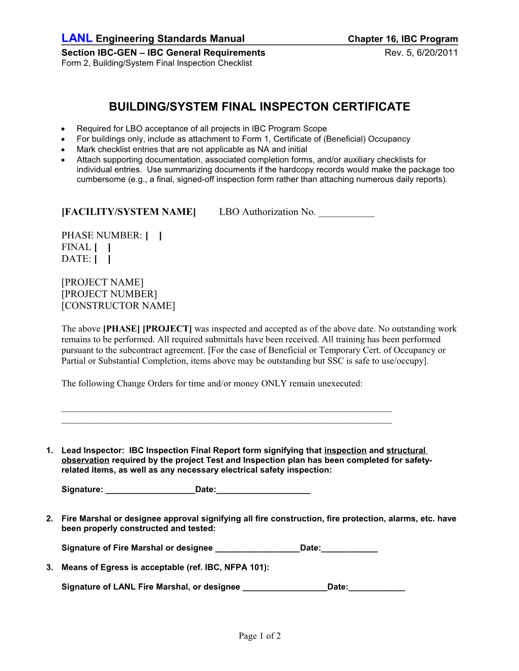 LANL Engineering Standards Manual Chapter 16, IBC Program