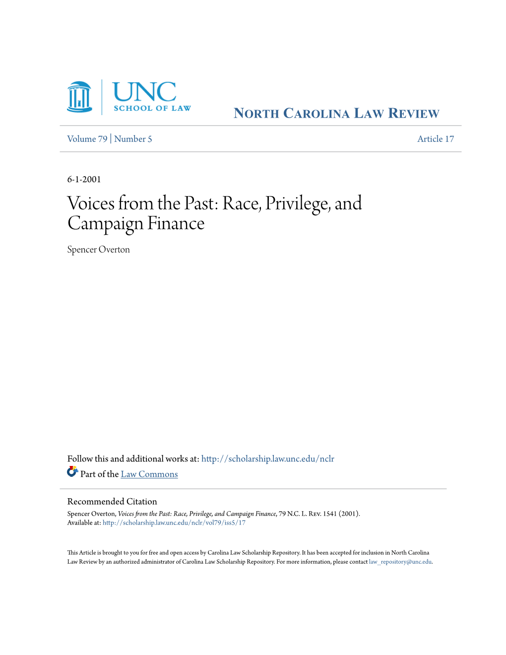 Voices from the Past: Race, Privilege, and Campaign Finance Spencer Overton