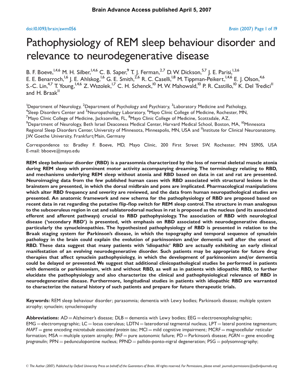 Pathophysiology of REM Sleep Behaviour Disorder and Relevance to Neurodegenerative Disease