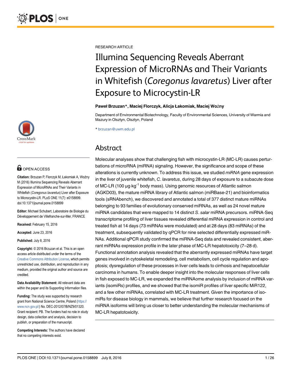 Coregonus Lavaretus) Liver After Exposure to Microcystin-LR