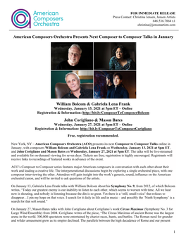 American Composers Orchestra Presents Next Composer to Composer Talks in January