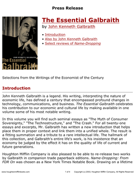 Press Release for the Essential Galbraith Published by Houghton