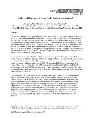 Ecology and Management of Canada Thistle [Cirsium Arvense (L.) Scop