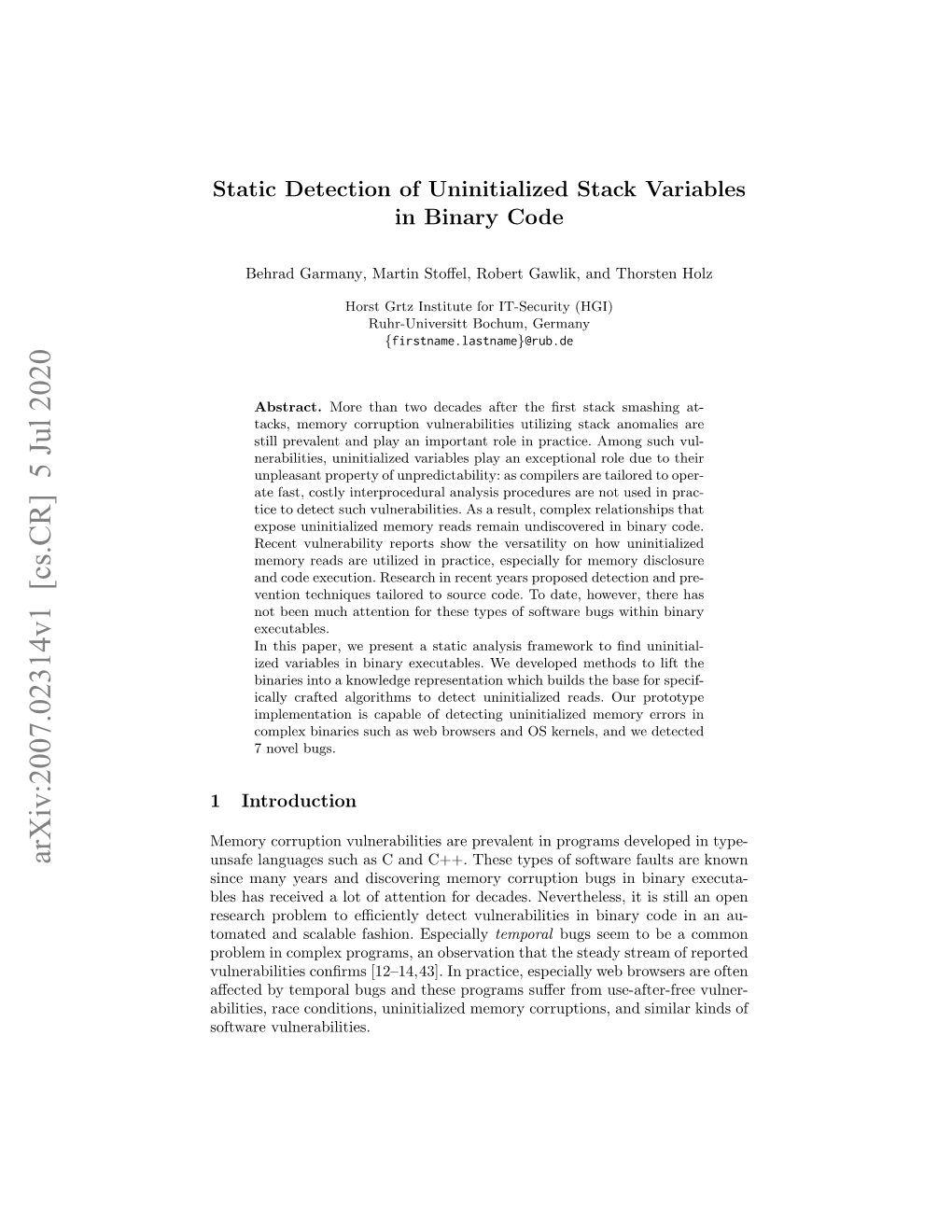 Static Detection of Uninitialized Stack Variables in Binary Code