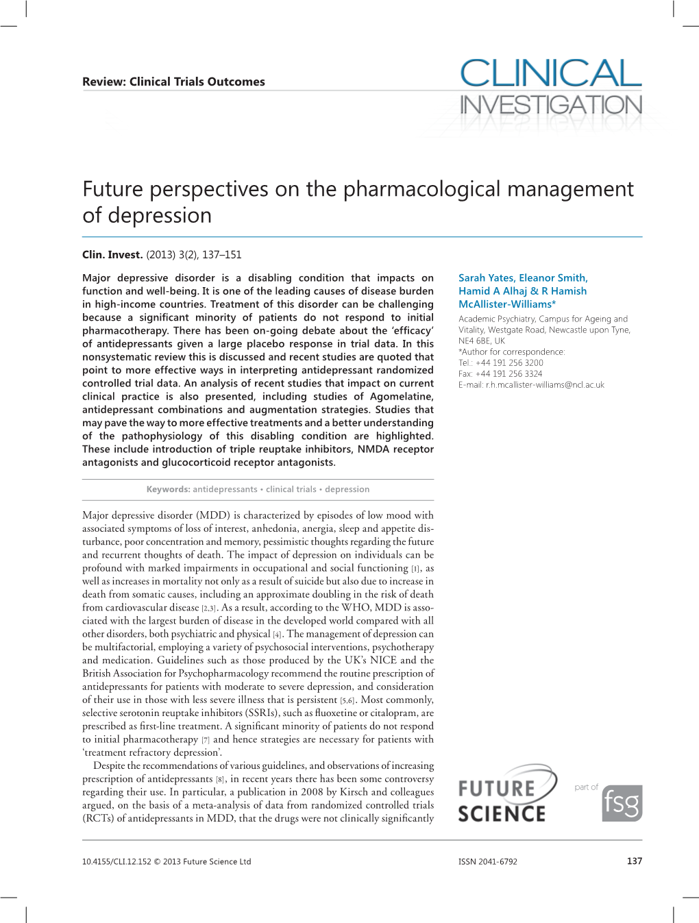 Future Perspectives on the Pharmacological Management of Depression